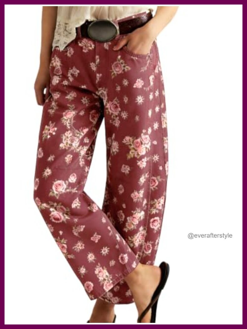 Floral Barrel Jeans High Waisted Wide Leg Denim Ankle Pants
